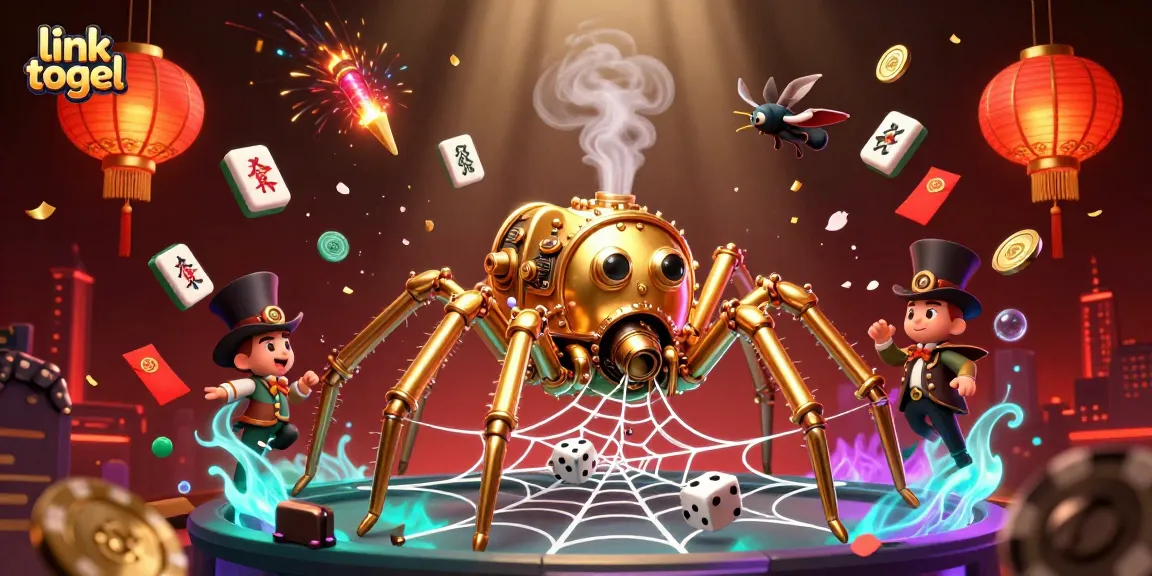Capture your luck with link togel amidst a steampunk casino web of dice, gold, and vibrant elements.