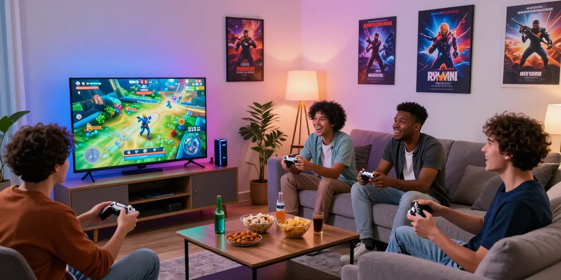 Friends enjoying thrilling games on Tunas4D in a vibrant gaming room