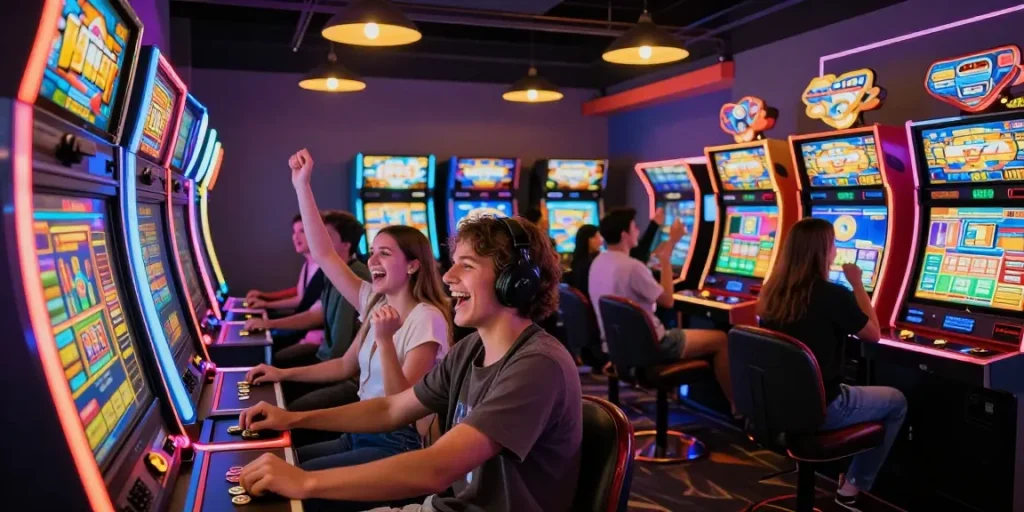 Engaged gamers enjoying situs slot at a vibrant arcade, reflecting excitement.
