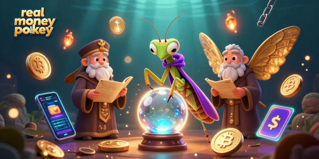 Play real money pokies with a vibrant scene featuring fortune tellers and glowing coins