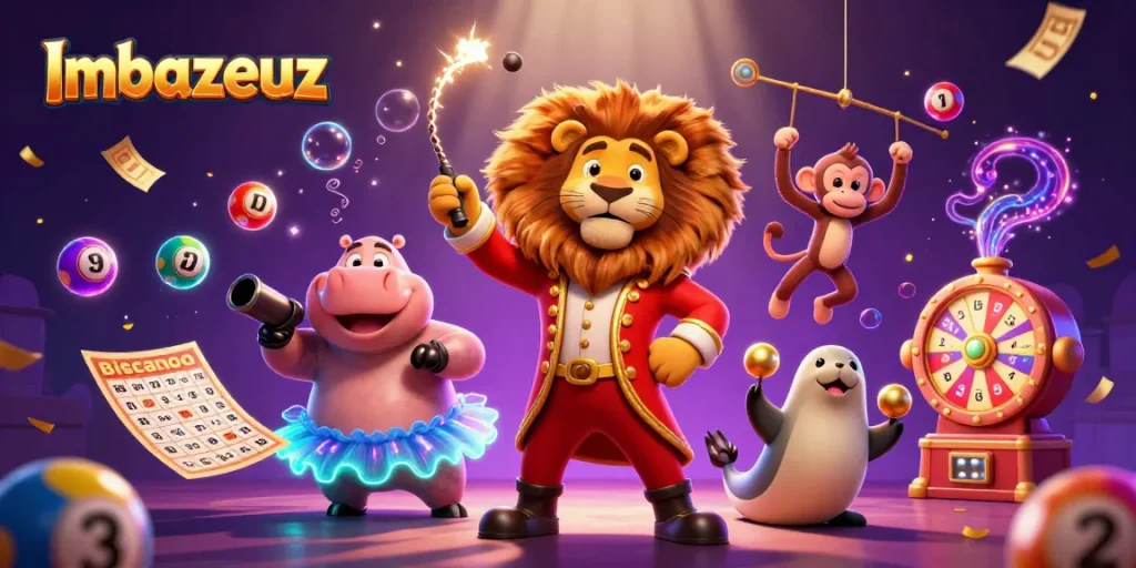 Mengamankan kemenangan di Imbazeuz dengan visual fantastis dikelilingi angka lotere dan elemen judi lainnya.