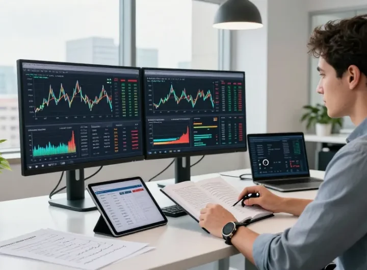 Financial analyst engaging with sc88 market data in a modern office setting.
