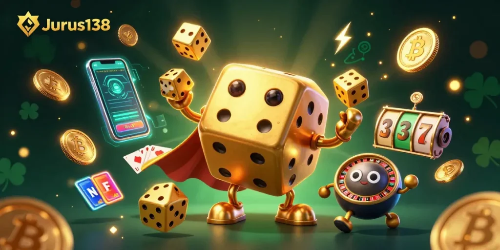 Experience Jurus138 with golden dice golem and slot games in a vibrant 3D casino scene