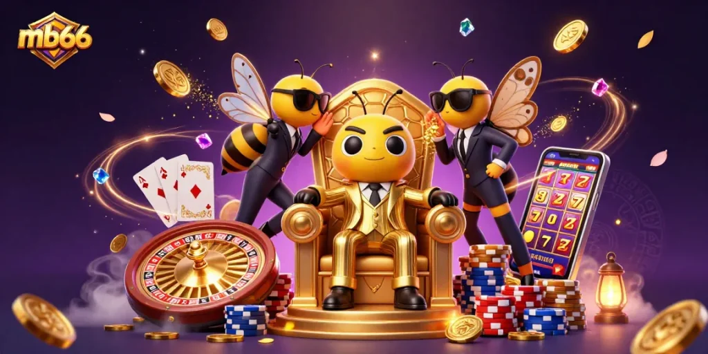 Experience mb66 with a bumblebee mob boss in a casino scene filled with golden coins and vibrant gaming elements.