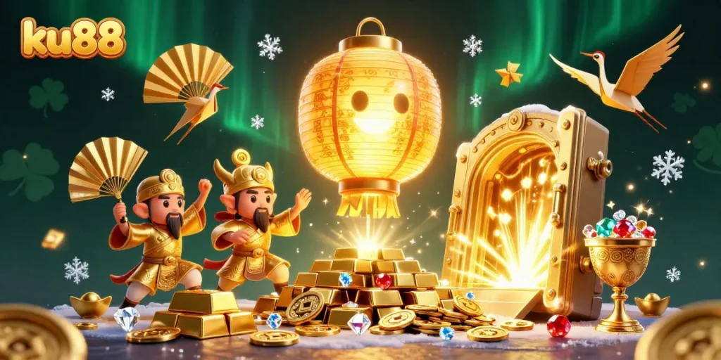 Experience fortune with ku88, featuring a glowing lantern spirit and casino treasures in a 3D illustration.