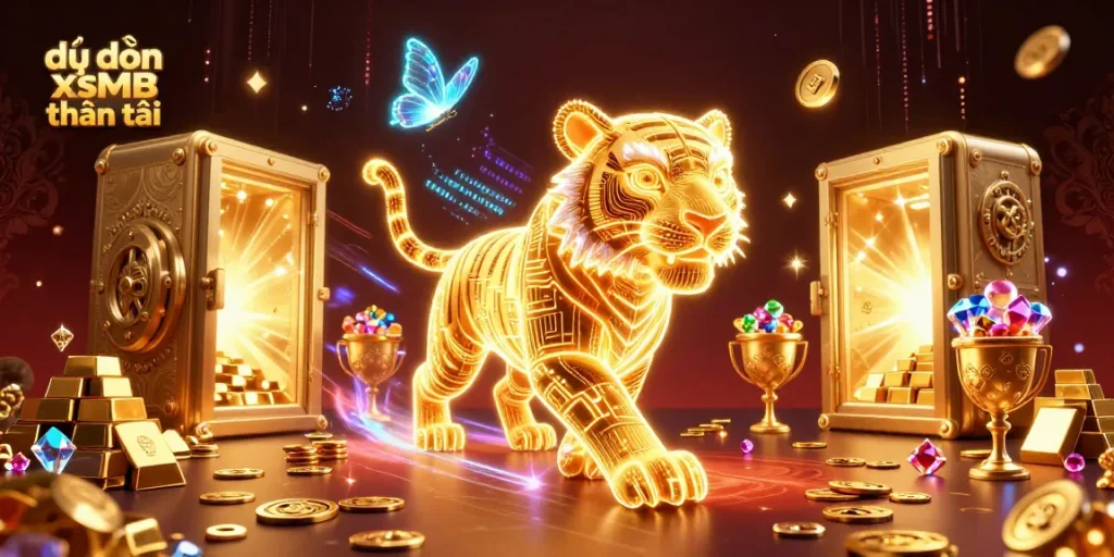 Engaging scene illustrating dự đoán xsmb thần tài with a vibrant digital casino landscape showcasing a golden tiger and butterfly companions.