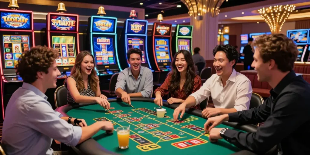 Exciting group enjoying a game of toto slot machines in a vibrant casino setting.