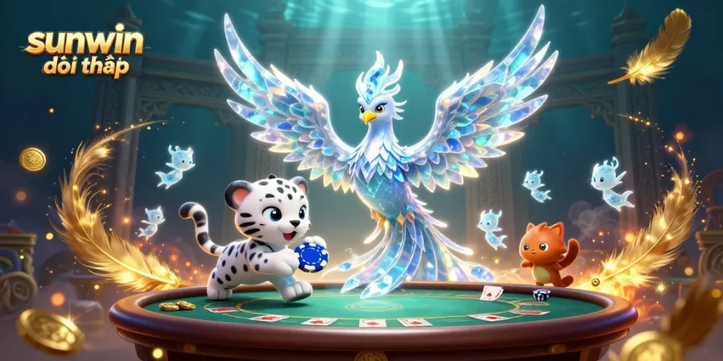 Experience the thrill of sunwin đổi thưởng with a vibrant 3D casino illustration showcasing a phoenix and poker elements.