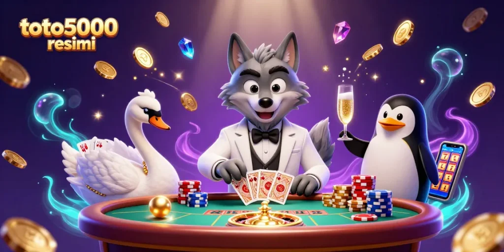 Experience thrilling games with toto5000 resmi at an extravagant casino scene featuring cartoon characters.