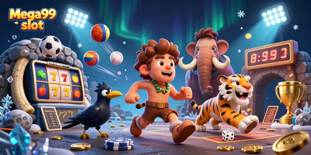 Experience mega99 slot action in an illustrated prehistoric casino with vibrant game elements and characters.
