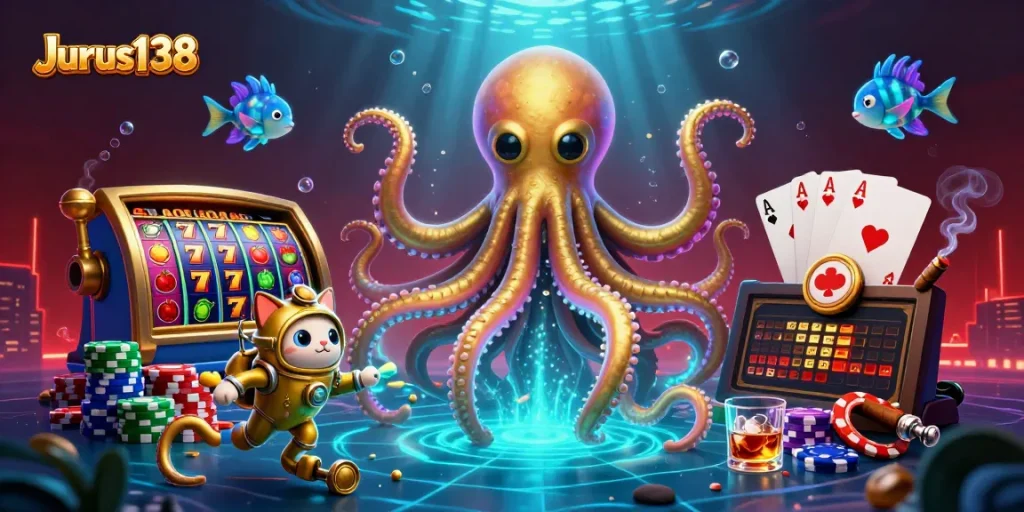 Experience thrilling gameplay at Jurus138, featuring a colorful scene with slot reels and a giant kraken illustration.