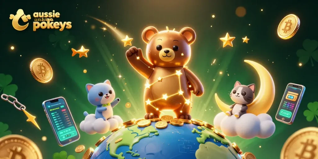 Play aussie online pokies with vibrant 3D visuals featuring golden coins and crypto elements.