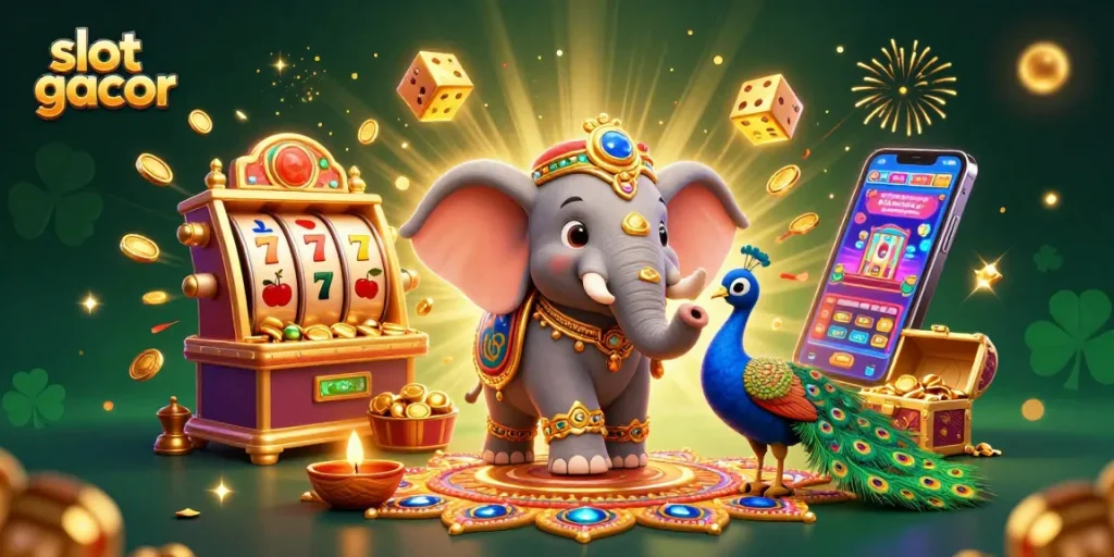 Slot gacor menghadirkan pengalaman menarik dengan gajah berhiaskan emas dan simbol slot di sekitar