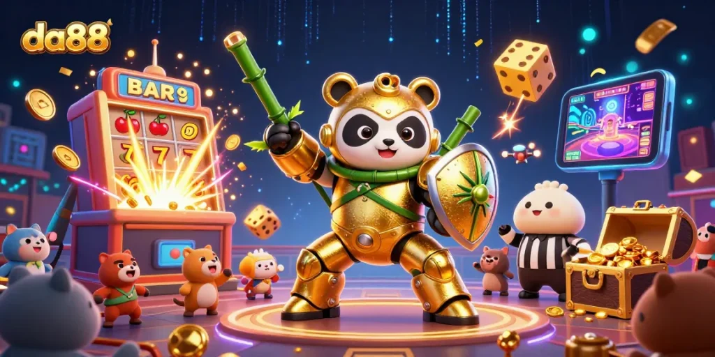 Spin the reels with da88 in a vibrant casino scene featuring a mech-suit panda and a jackpot explosion.