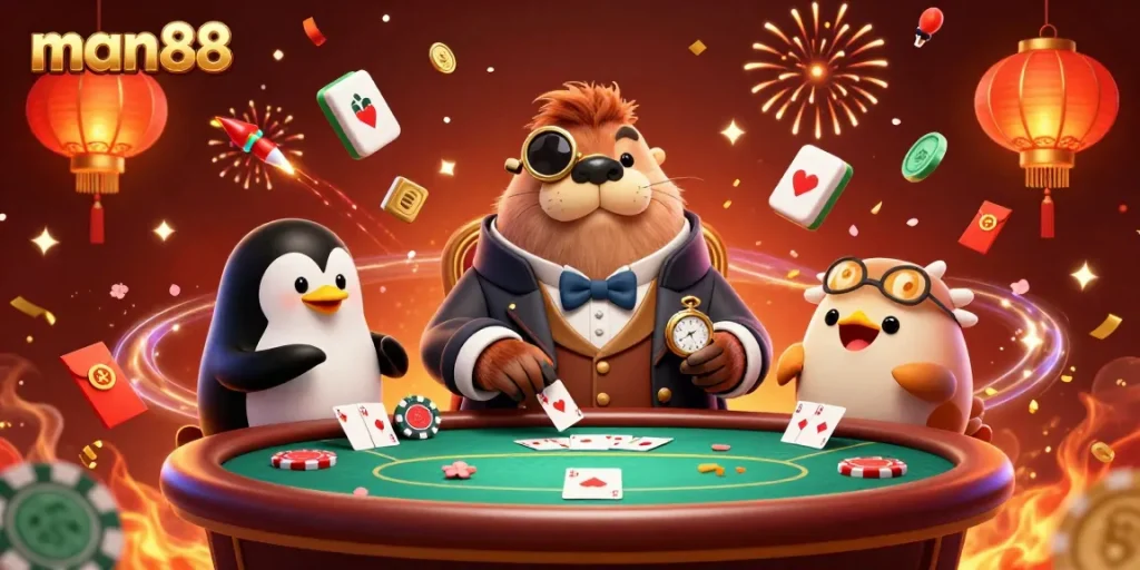 Experience the thrilling gameplay of man88 at an underwater poker table with colorful characters and festive elements.