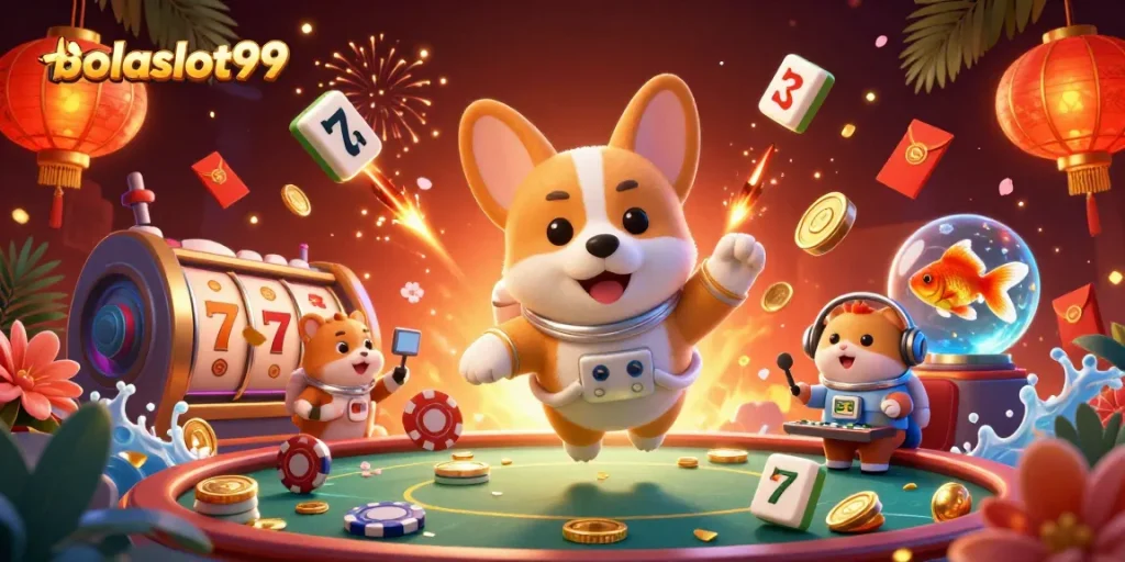 Experience the vibrant gaming scene with bolaslot99 in a lively 3D casino illustration.