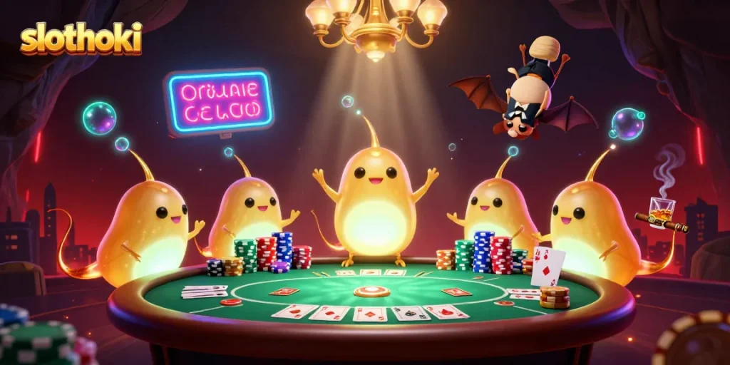 Slot online slothoki dengan karakter di kasino gua yang diterangi lampu emas.