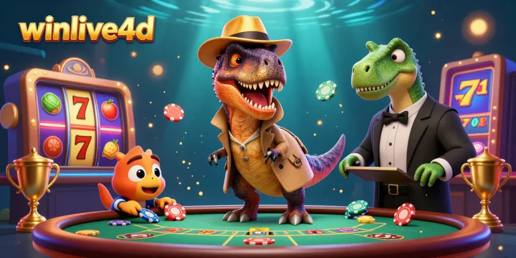 Experience thrilling gaming at winlive4d with a lively 3D casino scene featuring a velociraptor card counter.