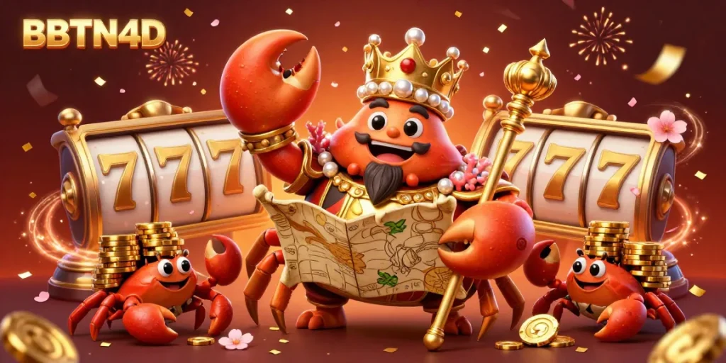 BBTN4D menghadirkan pengalaman bermain dengan ilustrasi menarik, menampilkan kepiting emas raksasa dan elemen permainan slot.