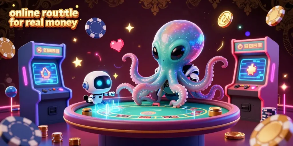 Engage in online roulette for real money as a cosmic octopus operates a holographic poker table.