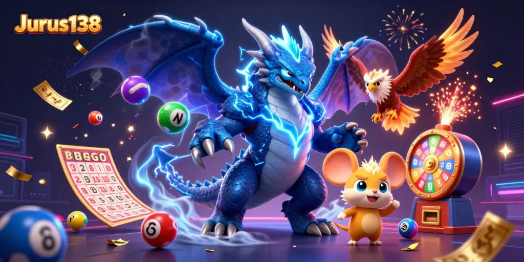 Experience the excitement of Jurus138 with a vibrant casino-themed illustration featuring dynamic game elements.